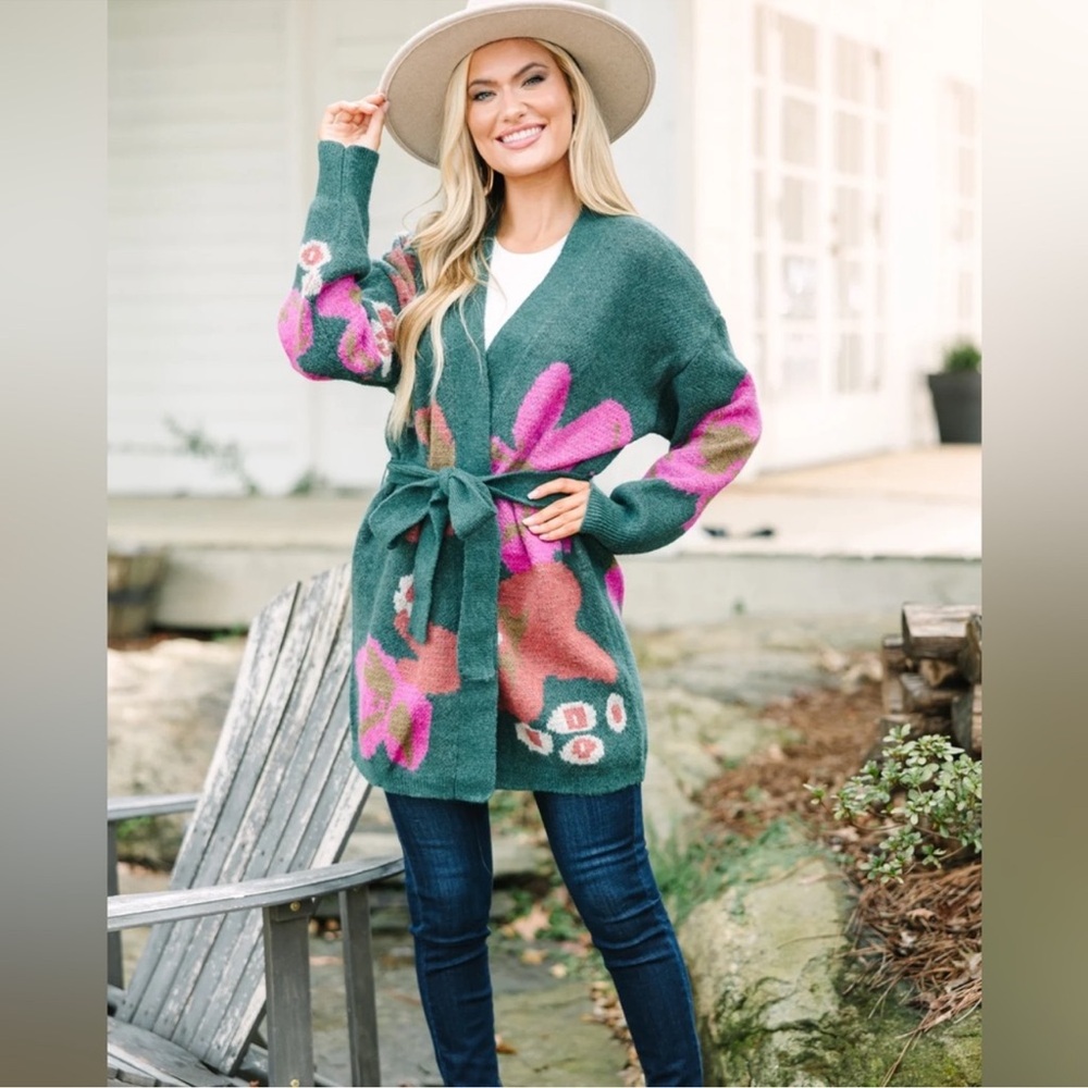 ENTRO Floral Knit Belted Cardigan *Sold Out Online NWT Oversized Sz Med/Large